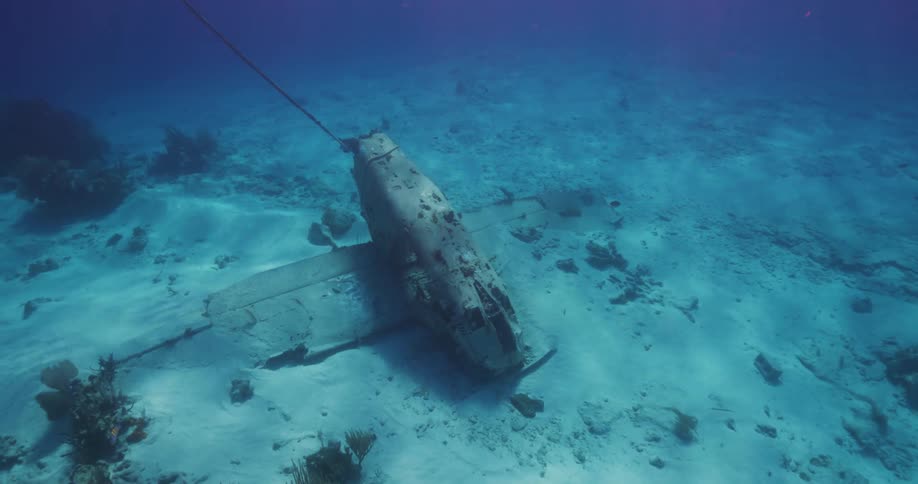 A wrecked plane on the ocean floor