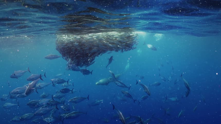 Sea lions attack a school of fish in the sea