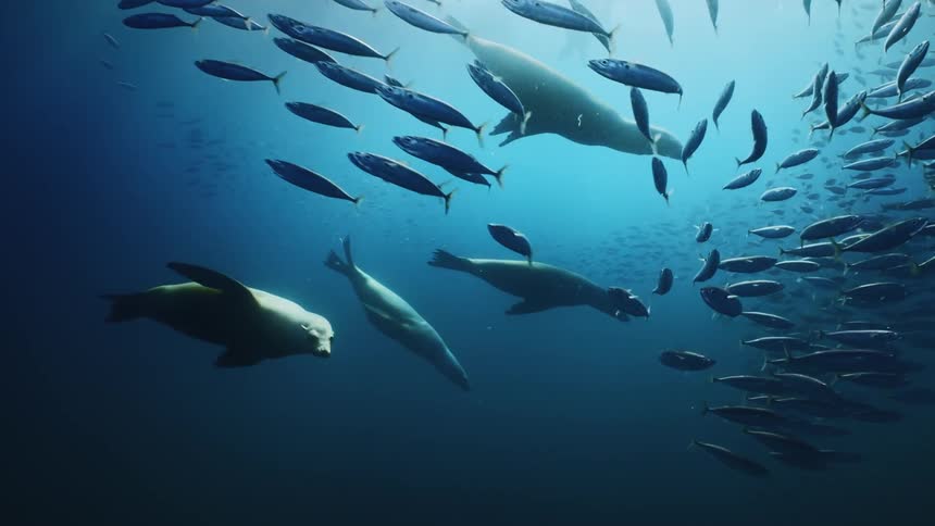 A school of fish swimming as a small group of seals swim near the fish pushing the school in different directions