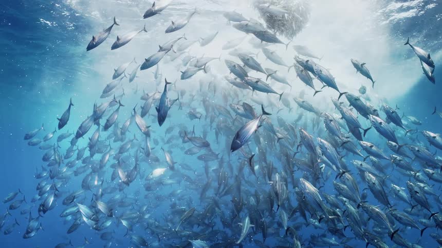 A school of fish is swimming in ocean water