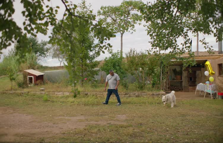 An older white man is walking with his dog outside