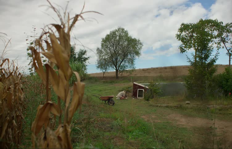 Woman kneels on ground cuddling dog near dog house on farm