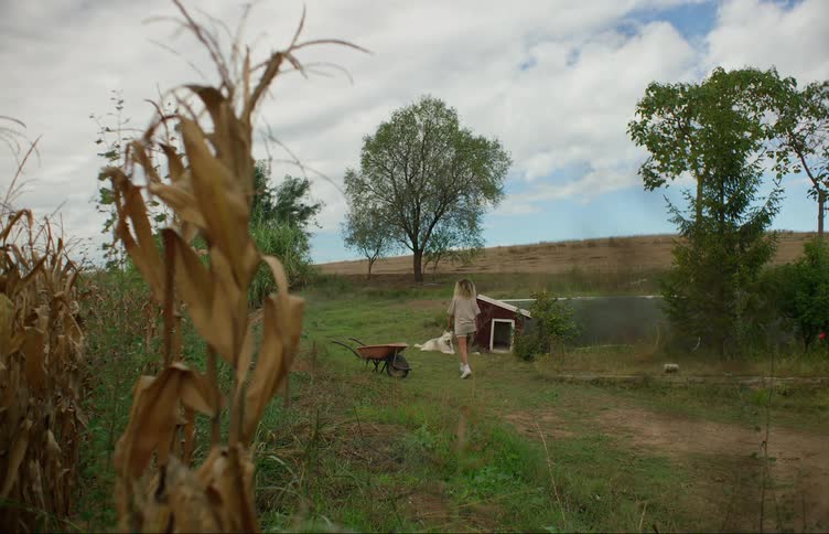 Young woman walking to pet her dog in the countryside at daytime