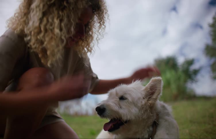 Woman crouches to pet dog as it moves to lie on its stomach instead of panting on its side