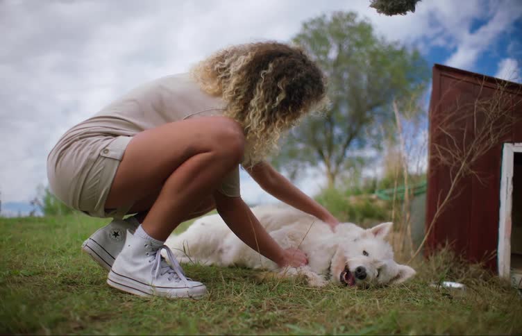 A woman walks up to a sleeping dog and crouches down to pet him