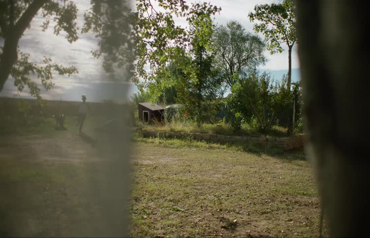A woman runs to her dog lying in the backyard