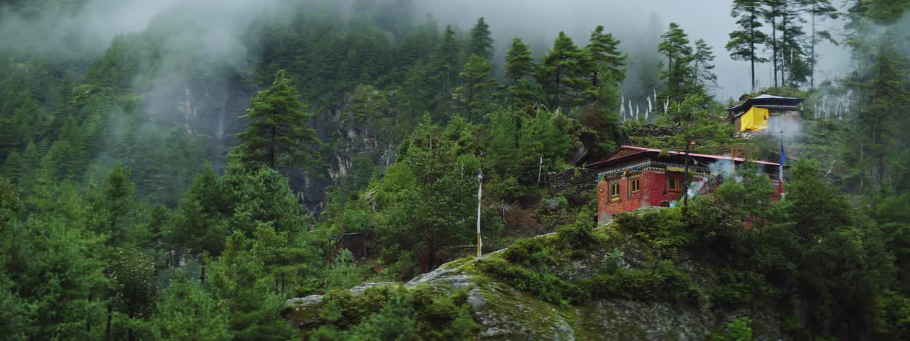 Landscape of buildings at the foot of mountain with forest