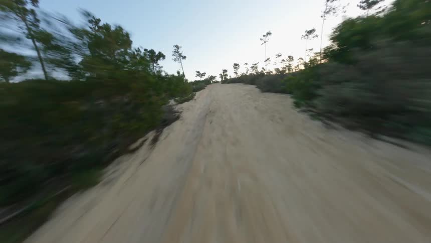 Aerial view of dirt road leading to the beach at sunset