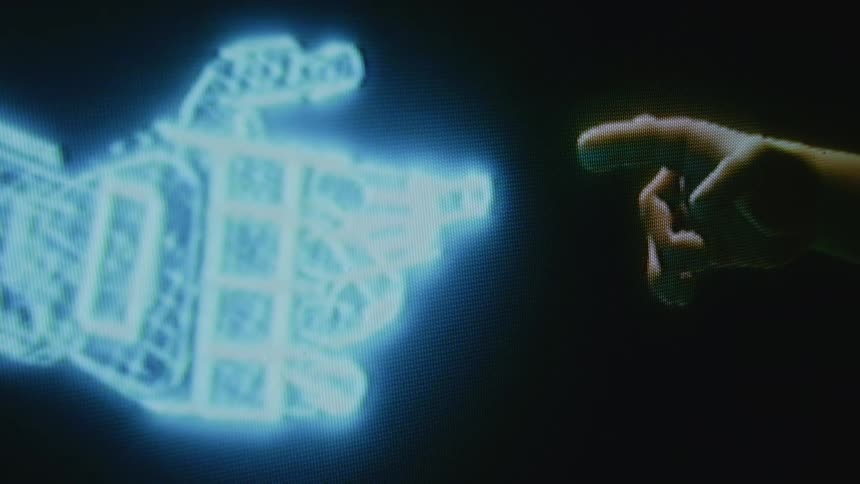 A neon blue hand on a screen and a human hand reach toward one another and touch fingertips
