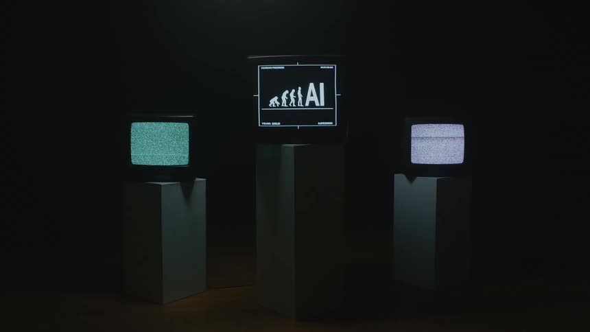 A shot of three monitors with the middle having the evolution chart before leading into ai and the other two having noise