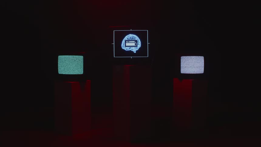 Televisions with static on the screens are sitting on red pedestals in a room and a monitor is in the center with a digital model of a brain rotating on the screen