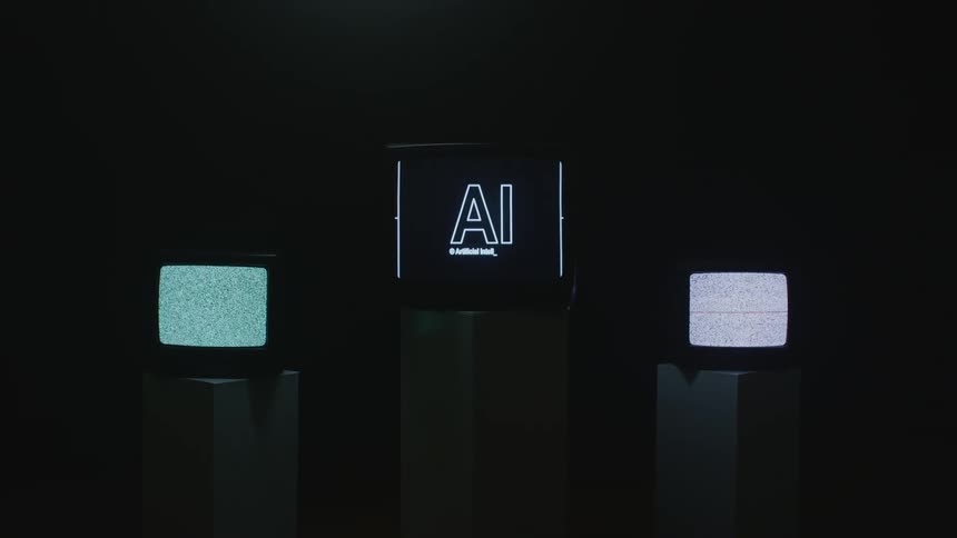 Three vintage tvs sitting on top of three pedestals the one in the middle has an animation that says ai and the two on the end have static