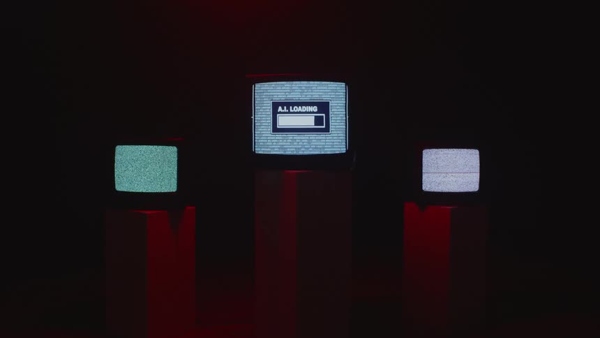 Close up of computer or television screens standing on pedestals inside a room