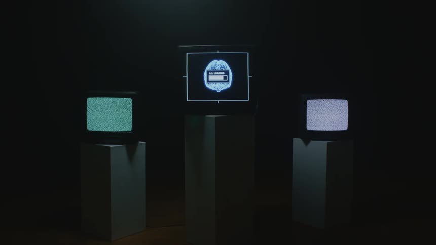 Three television screens on pedestals two with static on the screens and one with an image of a brain with a box in the middle