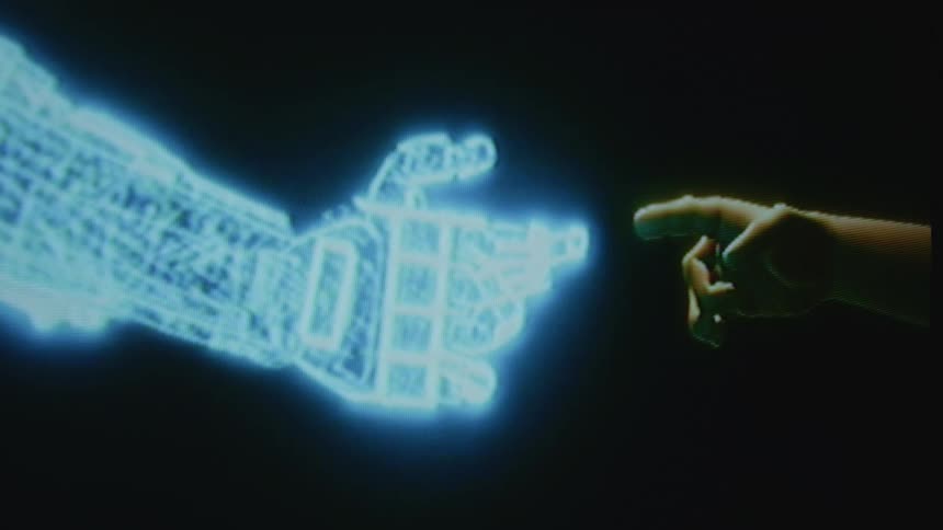 Close up of a computer generated robot and a real hand touching fingers
