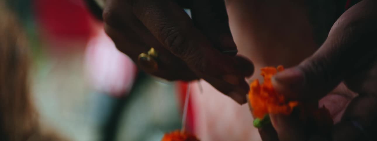 A close up of a persons fingers as they thread a needle and string through orange flowers