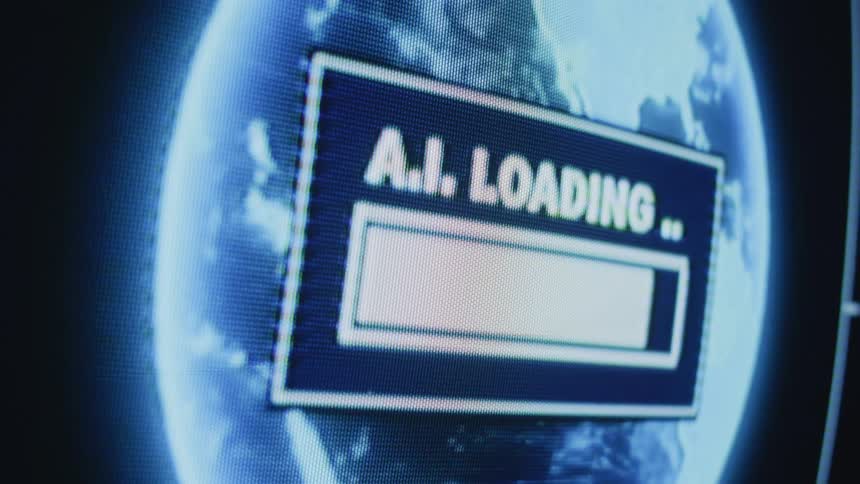 A close up of an old television screen with a sphere rotating on it and a text box with a loaded bar in front of the sphere