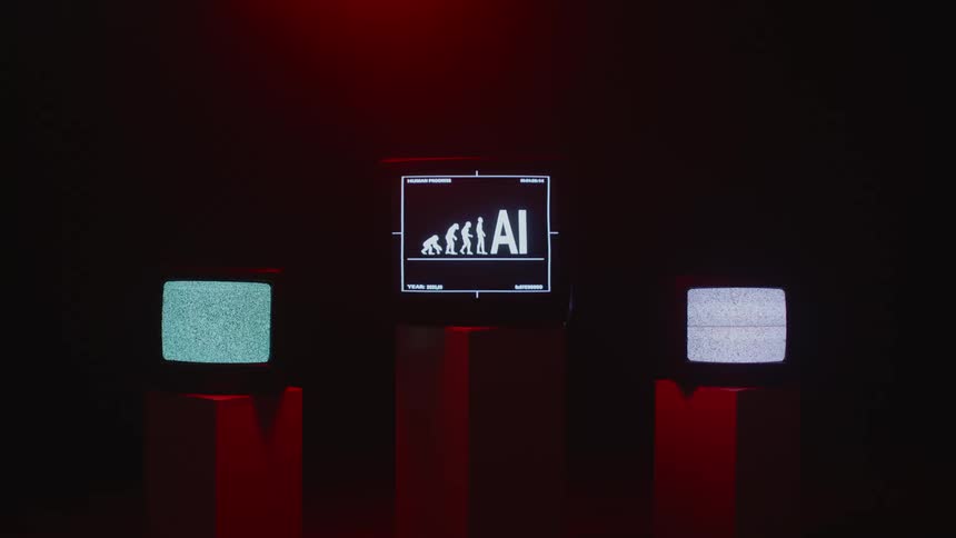 Close up of computer or television screens standing on pedestals inside a room