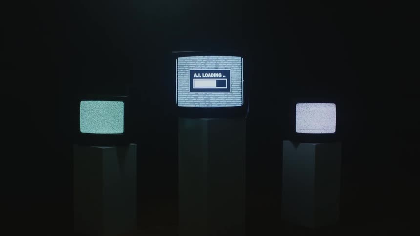 Threetv screens on pedestals displaying static and a loading bar in the middle tv