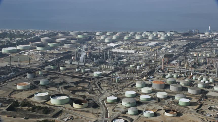 Aerial view of oil refineries in El Segundo California on a cloudy day