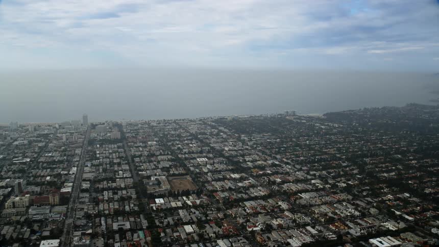 Aerial view of Santa Monicas coastal community on a hazy day in California