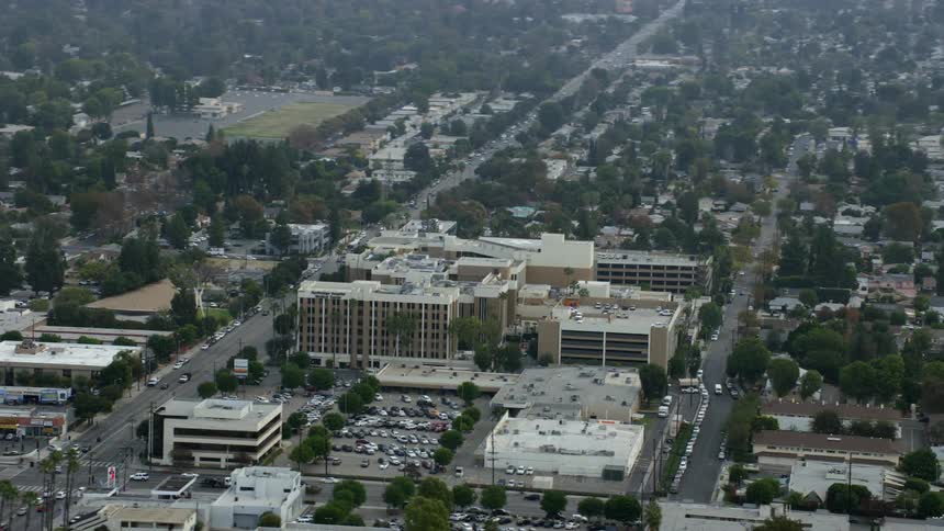 Aerial footage of Northridge Hospital in California captured during overcast weather