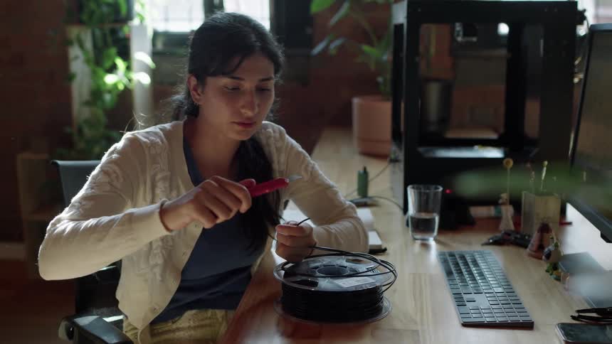 A woman cutting wires at a desk