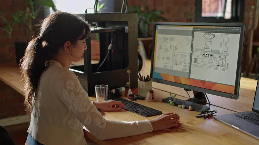 A woman looks at blueprints for a design on a computer