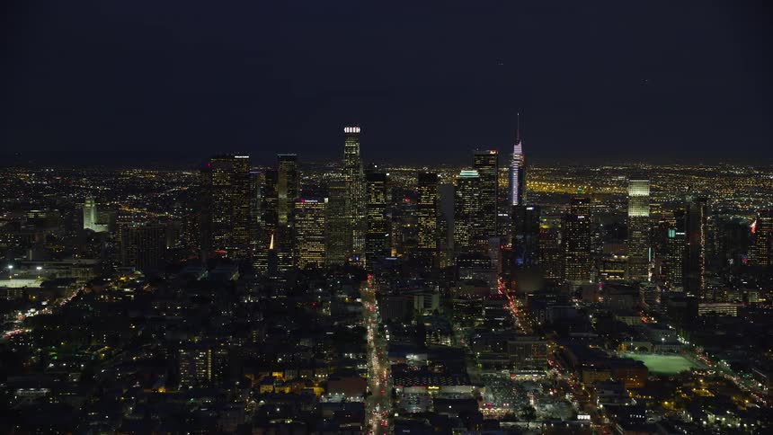 A high-rise and impressive view of downtown Los Angeles California at night