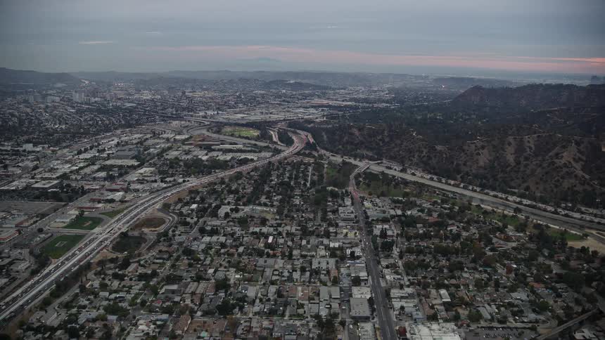 Aerial view of the I-5 & 134 interchange in Glendale California at twilight