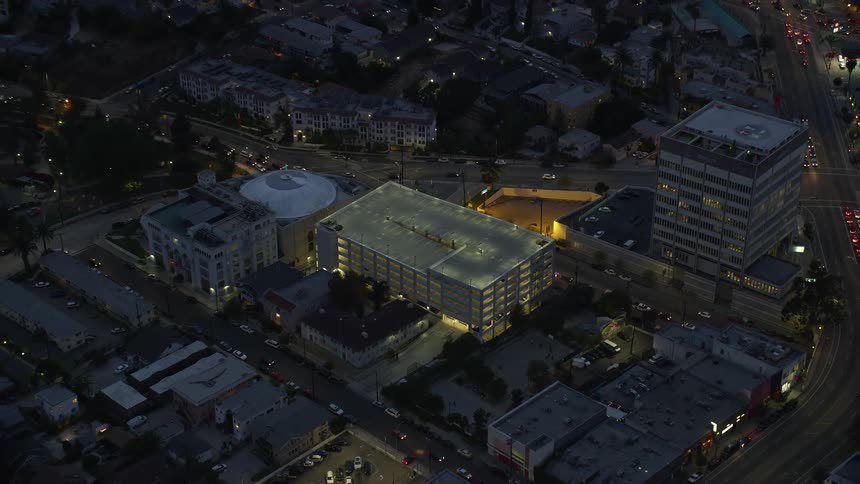 A breathtaking aerial view of the Angelus Temple and parking garage at twilight in Echo Park Los Angeles California creating a spiritual and holy atmosphere