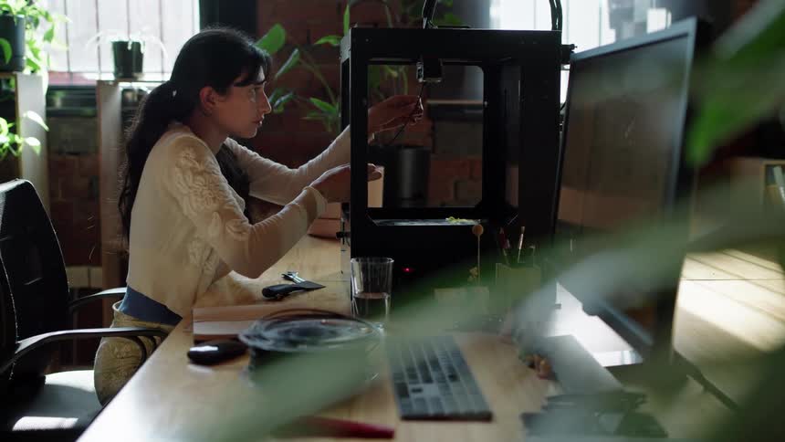 A woman is using a 3d printer