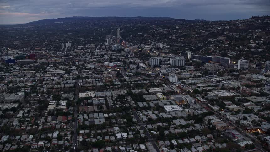 Aerial view of Sunset Boulevard and the Sunset Strip in West Hollywood during twilight