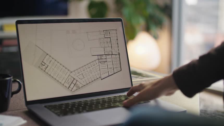 Persons hand uses laptop at the office