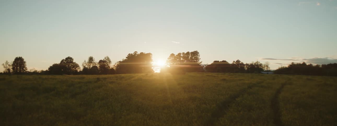 A tractor travels across a rural field as the sun shines brightly on the horizon