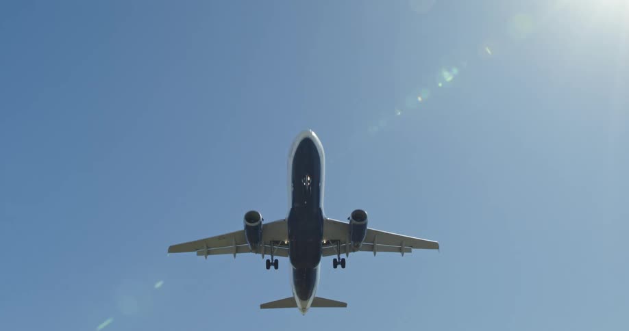 An airplane is flying in the clear blue sky