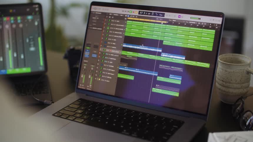 Close up of the screens of a couple laptops over a desktop displaying audio editing software