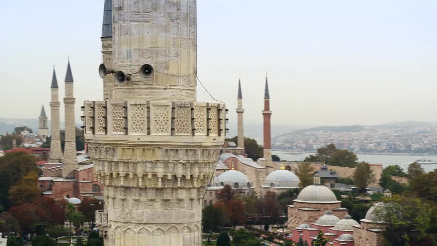 Aerial view of blue mosque minarets and hagia sophia in istanbul