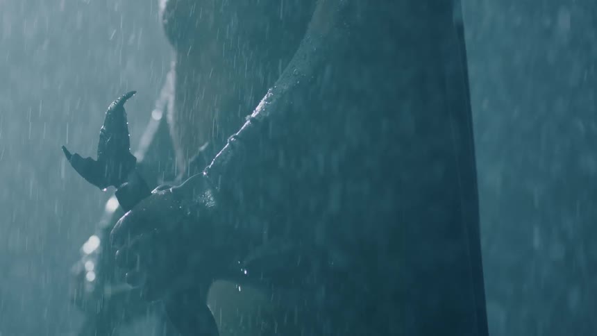 A man is standing in the rain holding a sword