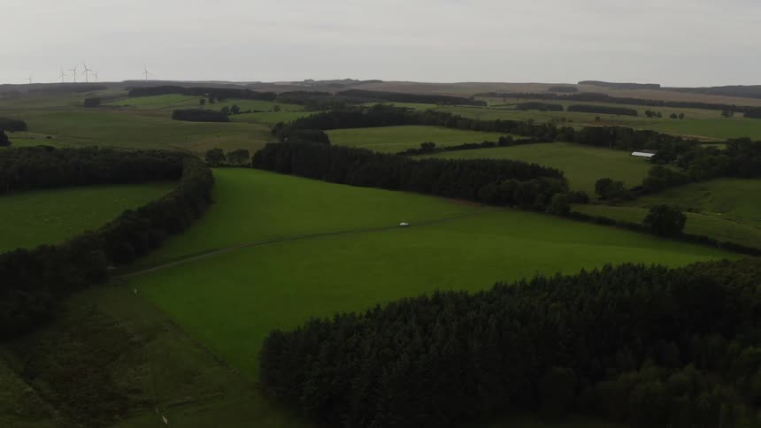 A car drives through an entirely green area shown from above with perfectly manicured grass trees and bushes
