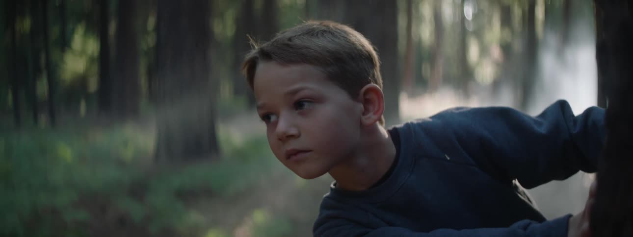 Child looking around then hiding behind tree in the forest