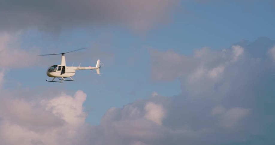 A white helicopter crosses paths with two seagulls as it flies across the cloud filled sky