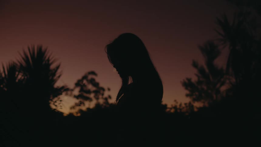 Silhouette of a girl with long hair standing outside with trees in the distance under a red sky as the sun has set