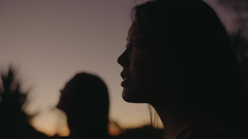 Two young women stand beside each other outside at dusk and appear to be staring at something off camera and smiling