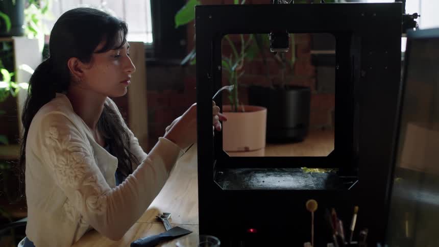 Young long haired woman extracts the plastic filament from a 3d printer in the office