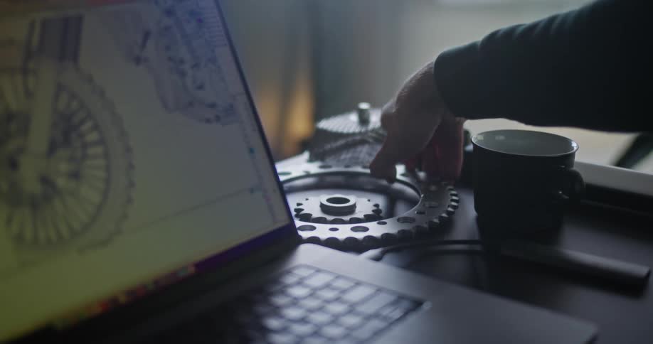 A person picks up a gear to compare it to a diagram
