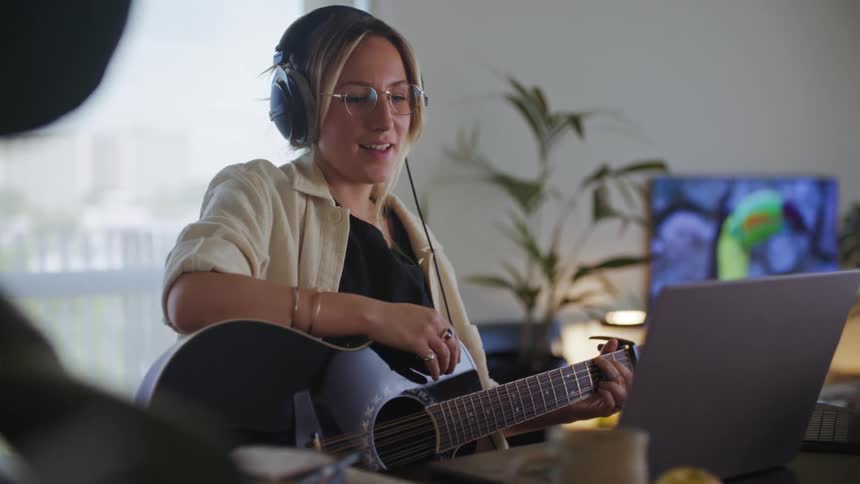 An older teenage girl is bobbing her head while tapping her fingers on the guitar she is holding then she smiles and leans forward moving her hand on the keyboard of the laptop in front of her that the headphones on her head are plugged into