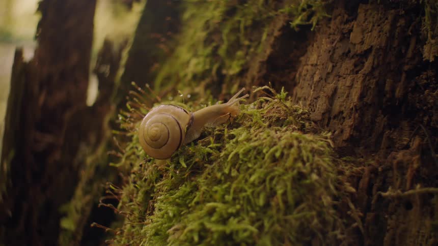 Close up view of a snail on a tree is displayed