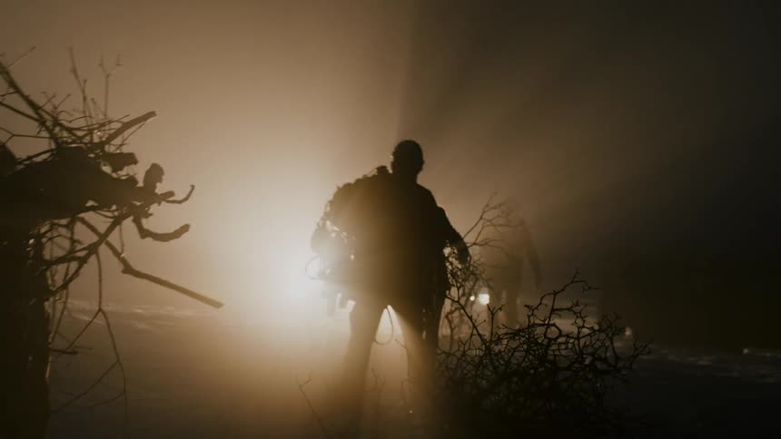 Silhouette of a group of people carrying branches over their shoulders at night
