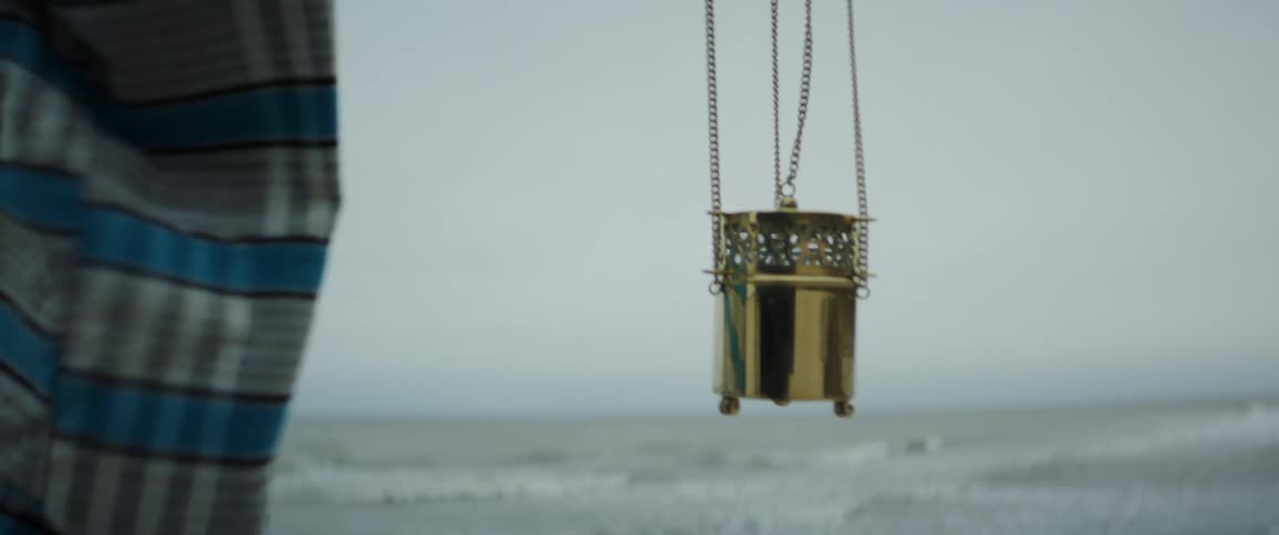 A person holds a gold metal bag while standing by the ocean
